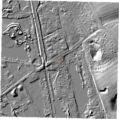 Shaded relief map of the ground around UB96PD, computed from Environment Agency LiDAR. The ground here sits at about 37 m above sea level and falls 21 m across the surrounding 800 m. Surface water reaching this point runs off ground lying to the west-south-west, 1.5 m higher.