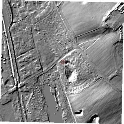 Shaded relief map of the ground around UB96PE, computed from Environment Agency LiDAR. The ground here sits at about 40 m above sea level and falls 28 m across the surrounding 800 m. Surface water reaching this point runs off ground lying to the east-north-east, 21.3 m higher.