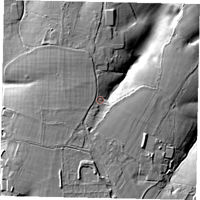 Shaded relief map of the ground around UB96PG, computed from Environment Agency LiDAR. The ground here sits at about 85 m above sea level and falls 23 m across the surrounding 800 m. Surface water reaching this point runs off ground lying to the south-south-west, 5.8 m higher.