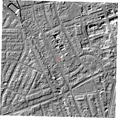 Shaded relief map of the ground around W129TD, computed from Environment Agency LiDAR. The ground here sits at about 5 m above sea level and falls 6 m across the surrounding 800 m. Surface water reaching this point runs off ground lying to the south-west, 1.4 m higher.