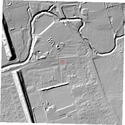 Shaded relief map of the ground around W130AA, computed from Environment Agency LiDAR. The ground here sits at about 18 m above sea level and falls 13 m across the surrounding 800 m. Surface water reaching this point runs off ground lying to the south-east, 7.9 m higher.