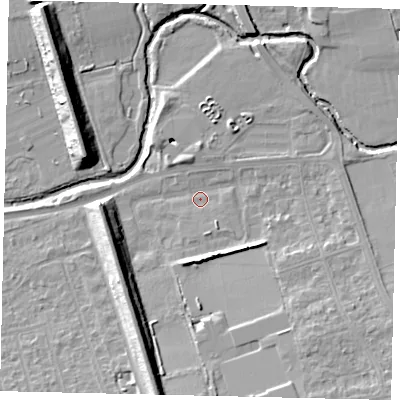 Shaded relief map of the ground around W130AB, computed from Environment Agency LiDAR. The ground here sits at about 17 m above sea level and falls 14 m across the surrounding 800 m. Surface water reaching this point runs off ground lying to the south-east, 8.6 m higher.
