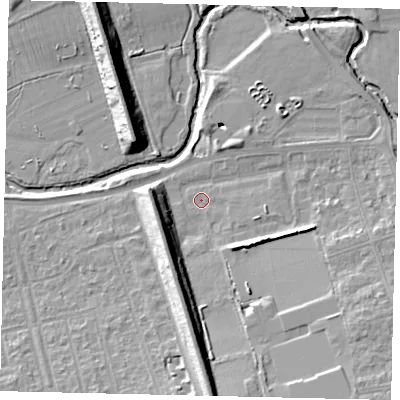 Shaded relief map of the ground around W130AD, computed from Environment Agency LiDAR. The ground here sits at about 17 m above sea level and falls 14 m across the surrounding 800 m. Surface water reaching this point runs off ground lying to the south, 10.8 m higher.