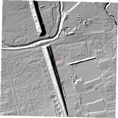 Shaded relief map of the ground around W130AE, computed from Environment Agency LiDAR. The ground here sits at about 17 m above sea level and falls 15 m across the surrounding 800 m. Surface water reaching this point runs off ground lying to the south, 11.1 m higher.