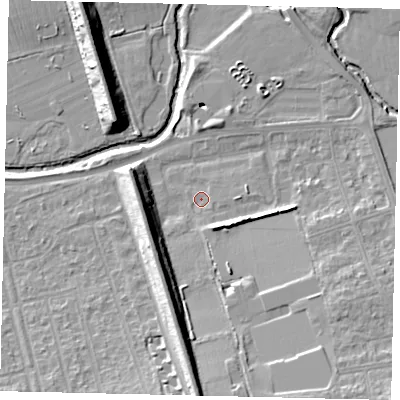 Shaded relief map of the ground around W130AG, computed from Environment Agency LiDAR. The ground here sits at about 17 m above sea level and falls 14 m across the surrounding 800 m. Surface water reaching this point runs off ground lying to the east-south-east, 5.3 m higher.