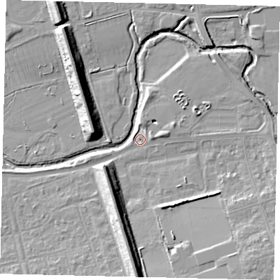 Shaded relief map of the ground around W130AL, computed from Environment Agency LiDAR. The ground here sits at about 17 m above sea level and falls 14 m across the surrounding 800 m. Surface water reaching this point runs off ground lying to the east-north-east, 4.8 m higher.