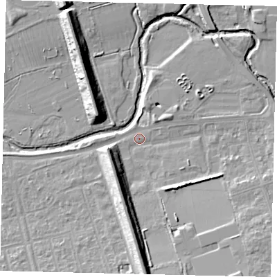 Shaded relief map of the ground around W130AP, computed from Environment Agency LiDAR. The ground here sits at about 17 m above sea level and falls 14 m across the surrounding 800 m. Surface water reaching this point runs off ground lying to the south, 10.8 m higher.