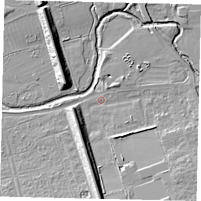 Shaded relief map of the ground around W130AT, computed from Environment Agency LiDAR. The ground here sits at about 17 m above sea level and falls 14 m across the surrounding 800 m. Surface water reaching this point runs off ground lying to the south, 10.8 m higher.