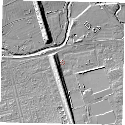 Shaded relief map of the ground around W130AW, computed from Environment Agency LiDAR. The ground here sits at about 17 m above sea level and falls 14 m across the surrounding 800 m. Surface water reaching this point runs off ground lying to the south-west, 8.7 m higher.