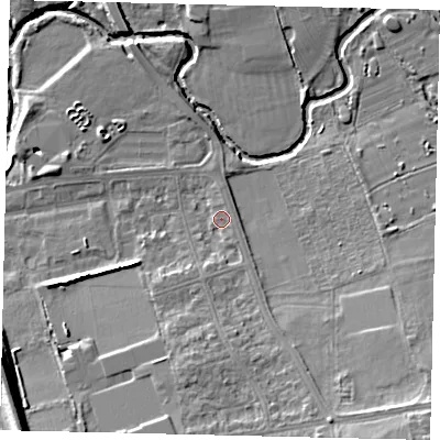 Shaded relief map of the ground around W130AY, computed from Environment Agency LiDAR. The ground here sits at about 19 m above sea level and falls 16 m across the surrounding 800 m. Surface water reaching this point runs off ground lying to the south-east, 11.9 m higher.
