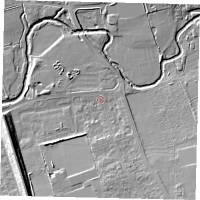 Shaded relief map of the ground around W130AZ, computed from Environment Agency LiDAR. The ground here sits at about 18 m above sea level and falls 13 m across the surrounding 800 m. Surface water reaching this point runs off ground lying to the south-south-east, 7.7 m higher.