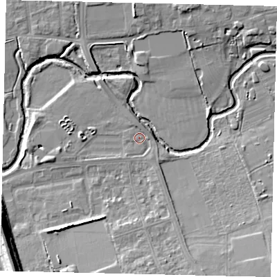 Shaded relief map of the ground around W130BA, computed from Environment Agency LiDAR. The ground here sits at about 18 m above sea level and falls 13 m across the surrounding 800 m. Surface water reaching this point runs off ground lying to the south-south-east, 5.5 m higher.