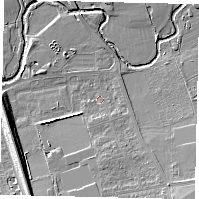 Shaded relief map of the ground around W130BB, computed from Environment Agency LiDAR. The ground here sits at about 18 m above sea level and falls 16 m across the surrounding 800 m. Surface water reaching this point runs off ground lying to the south-south-east, 7.6 m higher.