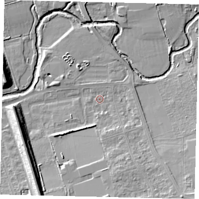 Shaded relief map of the ground around W130BD, computed from Environment Agency LiDAR. The ground here sits at about 18 m above sea level and falls 14 m across the surrounding 800 m. Surface water reaching this point runs off ground lying to the south-east, 9.1 m higher.