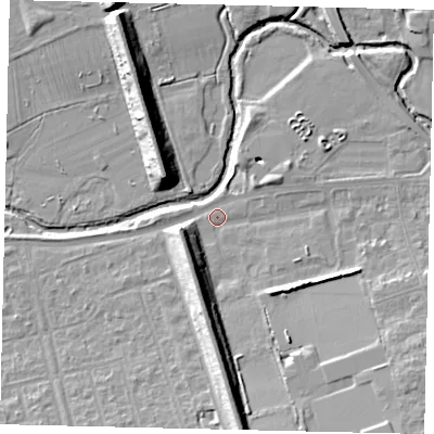 Shaded relief map of the ground around W130BL, computed from Environment Agency LiDAR. The ground here sits at about 17 m above sea level and falls 14 m across the surrounding 800 m. Surface water reaching this point runs off ground lying to the south, 10.8 m higher.