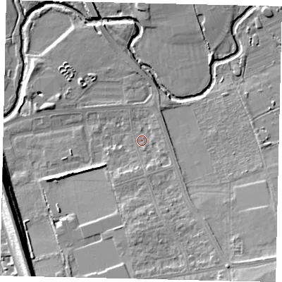 Shaded relief map of the ground around W130BW, computed from Environment Agency LiDAR. The ground here sits at about 18 m above sea level and falls 16 m across the surrounding 800 m. Surface water reaching this point runs off ground lying to the south-east, 11.8 m higher.