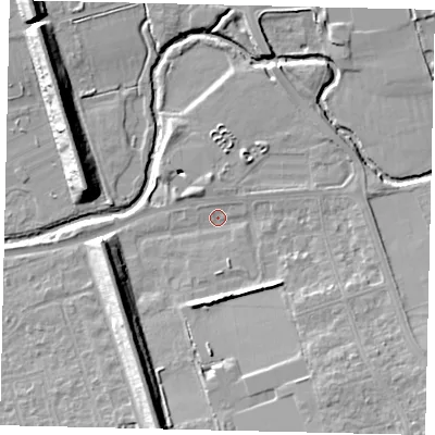 Shaded relief map of the ground around W130HT, computed from Environment Agency LiDAR. The ground here sits at about 17 m above sea level and falls 13 m across the surrounding 800 m. Surface water reaching this point runs off ground lying to the south-east, 8.1 m higher.
