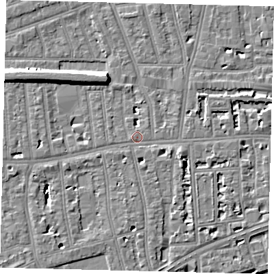 Shaded relief map of the ground around W41TE, computed from Environment Agency LiDAR. The ground here sits at about 5 m above sea level and falls 10 m across the surrounding 800 m. Surface water reaching this point runs off ground lying to the east-south-east, 4.8 m higher.