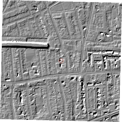 Shaded relief map of the ground around W41TG, computed from Environment Agency LiDAR. The ground here sits at about 3 m above sea level and falls 9 m across the surrounding 800 m. Surface water reaching this point runs off ground lying to the north-north-east, 2.6 m higher.
