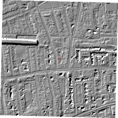 Shaded relief map of the ground around W41TP, computed from Environment Agency LiDAR. The ground here sits at about 5 m above sea level and falls 9 m across the surrounding 800 m. Surface water reaching this point runs off ground lying to the south-south-east, 4.8 m higher.