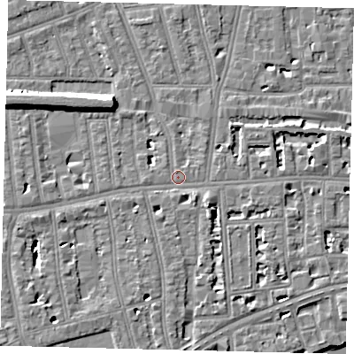Shaded relief map of the ground around W41TS, computed from Environment Agency LiDAR. The ground here sits at about 5 m above sea level and falls 10 m across the surrounding 800 m. Surface water reaching this point runs off ground lying to the south-east, 4.8 m higher.