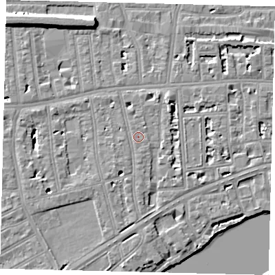 Shaded relief map of the ground around W42NA, computed from Environment Agency LiDAR. The ground here sits at about 6 m above sea level and falls 10 m across the surrounding 800 m. Surface water reaching this point runs off ground lying to the south-south-east, 0.9 m higher.