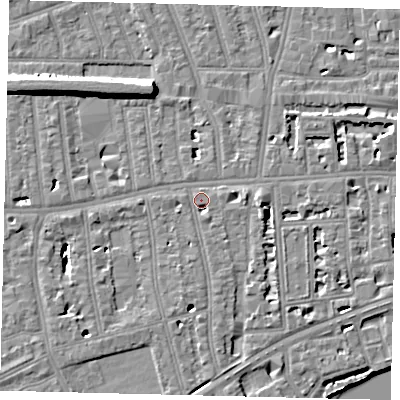 Shaded relief map of the ground around W42ND, computed from Environment Agency LiDAR. The ground here sits at about 5 m above sea level and falls 10 m across the surrounding 800 m. Surface water reaching this point runs off ground lying to the south-west, 4.0 m higher.