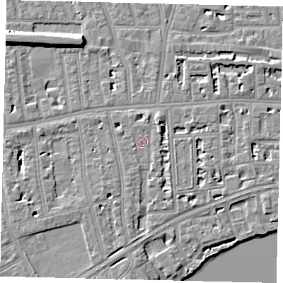 Shaded relief map of the ground around W42NJ, computed from Environment Agency LiDAR. The ground here sits at about 5 m above sea level and falls 10 m across the surrounding 800 m. Surface water reaching this point runs off ground lying to the north-east, 2.2 m higher.