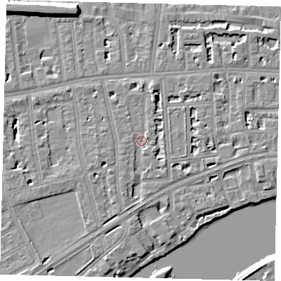Shaded relief map of the ground around W42NL, computed from Environment Agency LiDAR. The ground here sits at about 5 m above sea level and falls 10 m across the surrounding 800 m. Surface water reaching this point runs off ground lying to the north-north-east, 2.6 m higher.