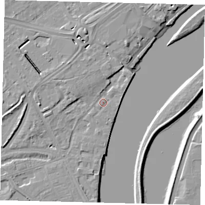 Shaded relief map of the ground around W42NR, computed from Environment Agency LiDAR. The ground here sits at about 6 m above sea level and falls 8 m across the surrounding 800 m. Surface water reaching this point runs off ground lying to the west-north-west, 2.9 m higher.