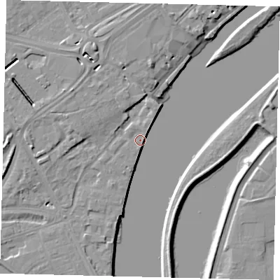 Shaded relief map of the ground around W42NS, computed from Environment Agency LiDAR. The ground here sits at about 5 m above sea level and falls 8 m across the surrounding 800 m. The ground contributing surface water to this point lies to the north-east.