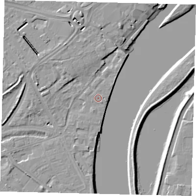 Shaded relief map of the ground around W42NT, computed from Environment Agency LiDAR. The ground here sits at about 6 m above sea level and falls 8 m across the surrounding 800 m. The ground contributing surface water to this point lies to the north-north-west.