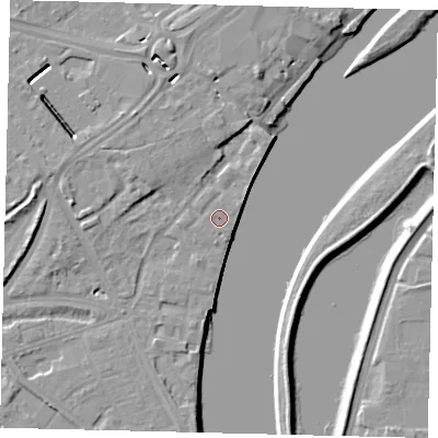 Shaded relief map of the ground around W42NU, computed from Environment Agency LiDAR. The ground here sits at about 5 m above sea level and falls 8 m across the surrounding 800 m. Surface water reaching this point runs off ground lying to the north-east, 0.6 m higher.