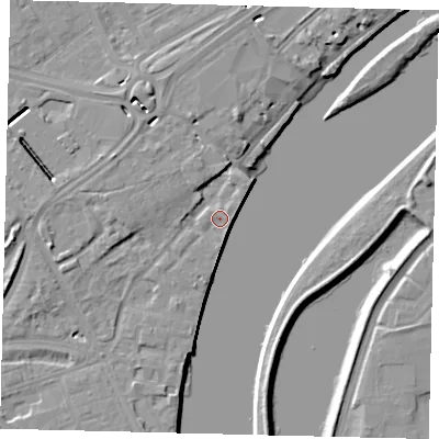 Shaded relief map of the ground around W42NX, computed from Environment Agency LiDAR. The ground here sits at about 6 m above sea level and falls 8 m across the surrounding 800 m. Surface water reaching this point runs off ground lying to the east-south-east, 4.9 m higher.