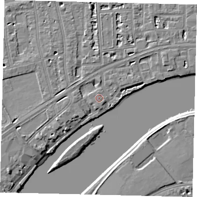 Shaded relief map of the ground around W42PF, computed from Environment Agency LiDAR. The ground here sits at about 6 m above sea level and falls 7 m across the surrounding 800 m. Surface water reaching this point runs off ground lying to the east-south-east, 1.2 m higher.
