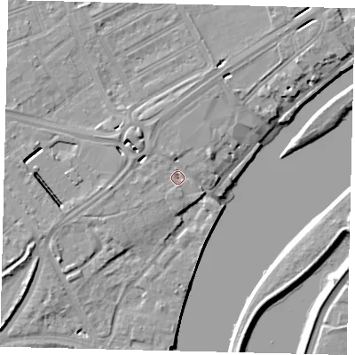 Shaded relief map of the ground around W42PH, computed from Environment Agency LiDAR. The ground here sits at about 6 m above sea level and falls 8 m across the surrounding 800 m. Surface water reaching this point runs off ground lying to the west, 3.3 m higher.