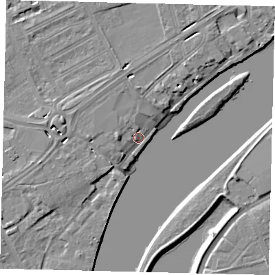 Shaded relief map of the ground around W42PJ, computed from Environment Agency LiDAR. The ground here sits at about 5 m above sea level and falls 7 m across the surrounding 800 m. Surface water reaching this point runs off ground lying to the west-south-west, 4.2 m higher.