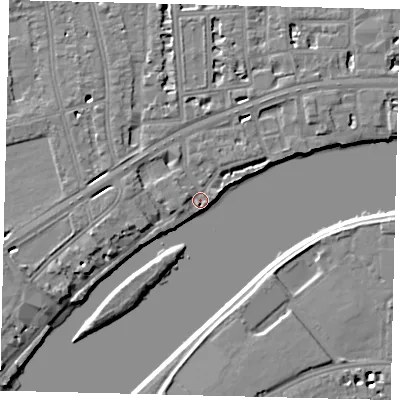 Shaded relief map of the ground around W42PN, computed from Environment Agency LiDAR. The ground here sits at about 4 m above sea level and falls 6 m across the surrounding 800 m. Surface water reaching this point runs off ground lying to the north-north-west, 4.7 m higher.