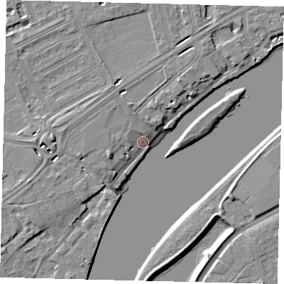 Shaded relief map of the ground around W42PP, computed from Environment Agency LiDAR. The ground here sits at about 5 m above sea level and falls 7 m across the surrounding 800 m. Surface water reaching this point runs off ground lying to the west-south-west, 5.7 m higher.