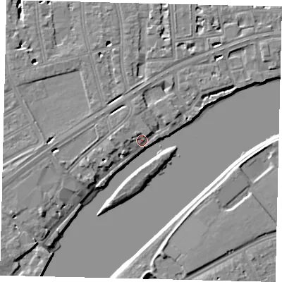 Shaded relief map of the ground around W42PS, computed from Environment Agency LiDAR. The ground here sits at about 5 m above sea level and falls 7 m across the surrounding 800 m. Surface water reaching this point runs off ground lying to the west-north-west, 2.9 m higher.