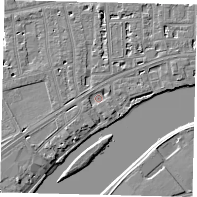 Shaded relief map of the ground around W42PU, computed from Environment Agency LiDAR. The ground here sits at about 5 m above sea level and falls 7 m across the surrounding 800 m. Surface water reaching this point runs off ground lying to the south-west, 3.6 m higher.