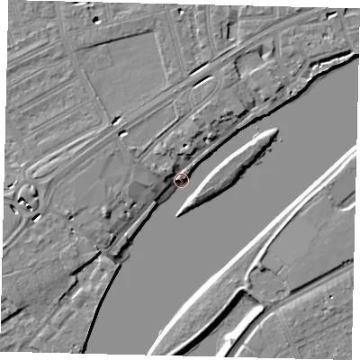 Shaded relief map of the ground around W42PW, computed from Environment Agency LiDAR. The ground here sits at about 5 m above sea level and falls 7 m across the surrounding 800 m. Surface water reaching this point runs off ground lying to the west, 7.4 m higher.