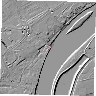 Shaded relief map of the ground around W42QH, computed from Environment Agency LiDAR. The ground here sits at about 6 m above sea level and falls 7 m across the surrounding 800 m. Surface water reaching this point runs off ground lying to the west, 5.7 m higher.