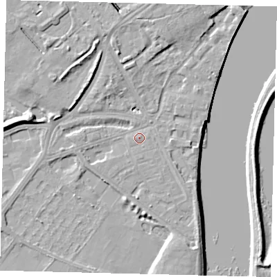 Shaded relief map of the ground around W42QY, computed from Environment Agency LiDAR. The ground here sits at about 5 m above sea level and falls 8 m across the surrounding 800 m. Surface water reaching this point runs off ground lying to the north-north-west, 3.7 m higher.
