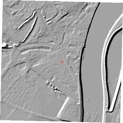 Shaded relief map of the ground around W42QZ, computed from Environment Agency LiDAR. The ground here sits at about 5 m above sea level and falls 8 m across the surrounding 800 m. Surface water reaching this point runs off ground lying to the south-east, 1.0 m higher.
