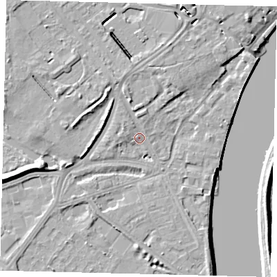 Shaded relief map of the ground around W42RA, computed from Environment Agency LiDAR. The ground here sits at about 6 m above sea level and falls 8 m across the surrounding 800 m. Surface water reaching this point runs off ground lying to the north-west, 3.5 m higher.