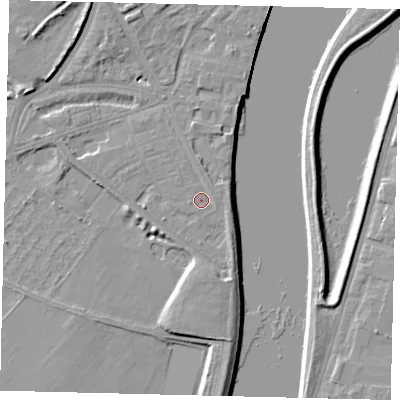 Shaded relief map of the ground around W42RD, computed from Environment Agency LiDAR. The ground here sits at about 5 m above sea level and falls 8 m across the surrounding 800 m. Surface water reaching this point runs off ground lying to the east-north-east, 0.8 m higher.
