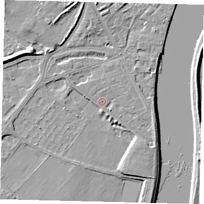 Shaded relief map of the ground around W42RE, computed from Environment Agency LiDAR. The ground here sits at about 5 m above sea level and falls 8 m across the surrounding 800 m. Surface water reaching this point runs off ground lying to the south-east, 2.5 m higher.