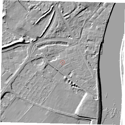 Shaded relief map of the ground around W42RF, computed from Environment Agency LiDAR. The ground here sits at about 5 m above sea level and falls 8 m across the surrounding 800 m. The ground contributing surface water to this point lies to the east-north-east.