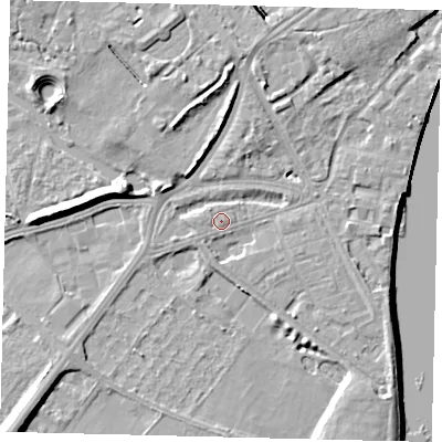 Shaded relief map of the ground around W42RG, computed from Environment Agency LiDAR. The ground here sits at about 5 m above sea level and falls 9 m across the surrounding 800 m. Surface water reaching this point runs off ground lying to the north-west, 0.7 m higher.